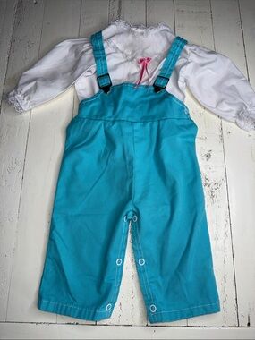 6-12m 1970s mini togs Baby Turquoise Overalls with White lace Long-Sleeve Shirt